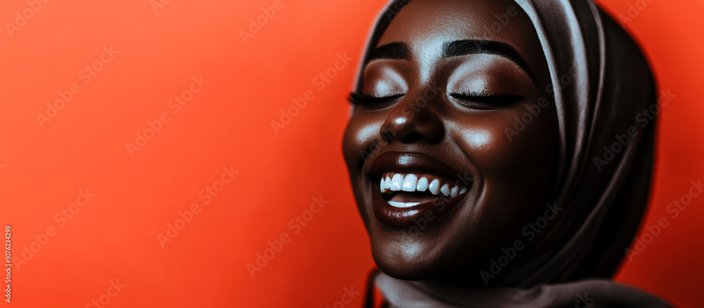 Close-up of a radiant woman wearing a hijab, smiling with eyes closed against a vivid orange background, celebrating beauty and positivity. Close-up of a radiant woman wearing a hijab, smiling with eyes closed against a vivid orange background, celebrating beauty and positivity.