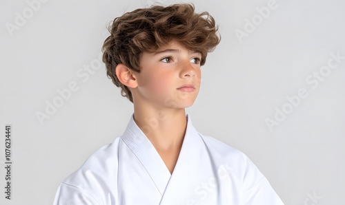 Taekwondo kid showing punch and concentrated expression, Generative AI