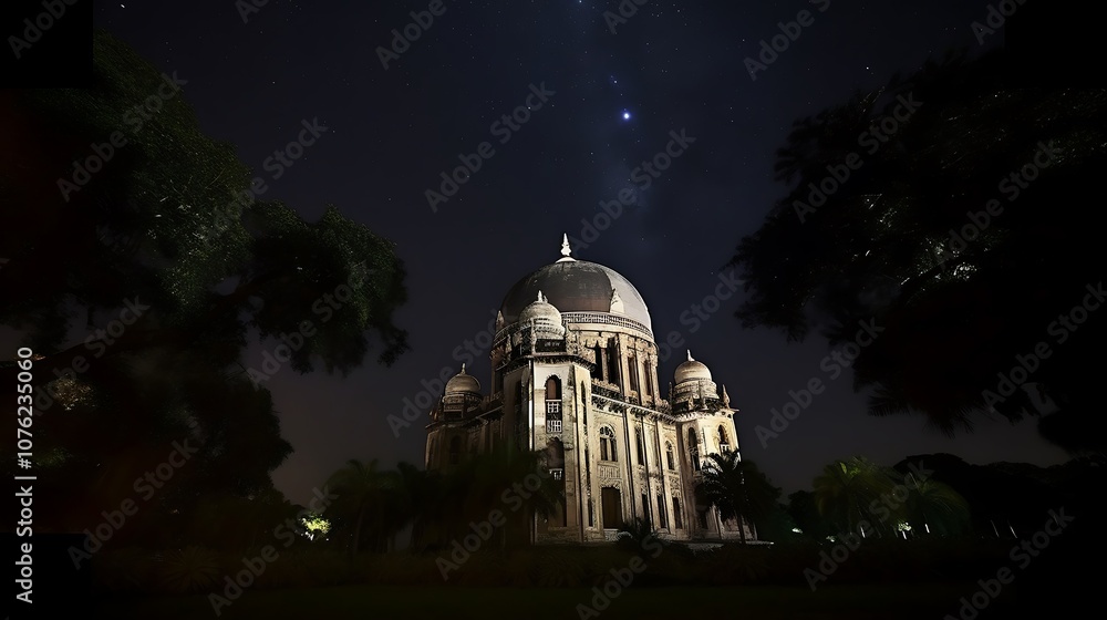An Ornate Domed Building Stands Tall Under a Starry Night Sky An Ornate Domed Building Stands Tall Under a Starry Night Sky