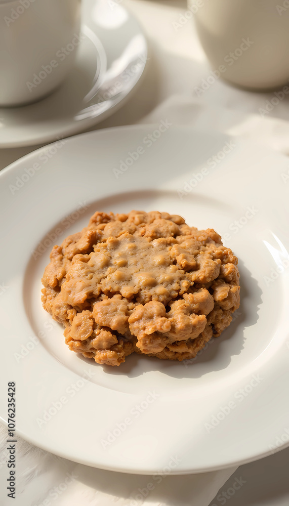Single oatmeal cookie on white plate with soft light Single oatmeal cookie on white plate with soft light