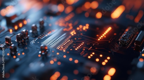 Close-up of a glowing circuit board, showcasing the intricate network of electronic components and pathways, illuminating the complex world of technology.