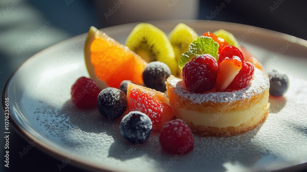 A plate of vibrant fruits and pastries, radiating freshness and delight under soft natural light A plate of vibrant fruits and pastries, radiating freshness and delight under soft natural light