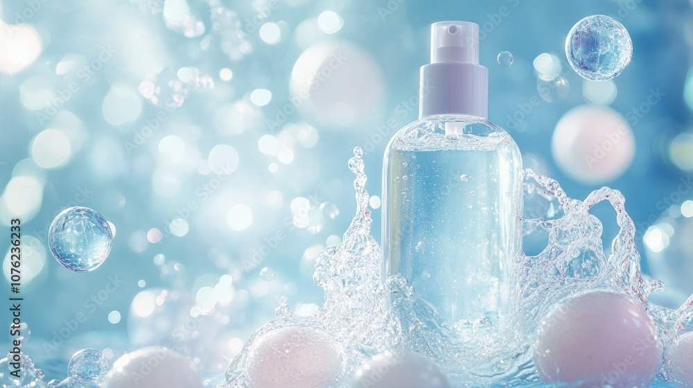 A skincare bottle placed in water, surrounded by floating bubbles with a soft blue background, symbolizing purity and freshness A skincare bottle placed in water, surrounded by floating bubbles with a soft blue background, symbolizing purity and freshness