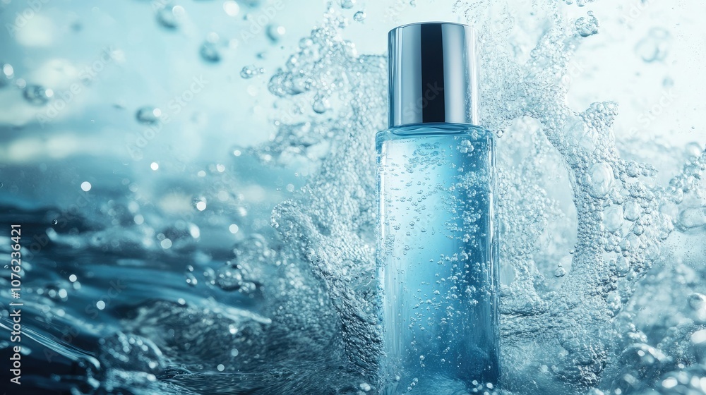 A skincare bottle with a sleek design submerged in water, with bubbles gently surrounding it, and a soft blue background highlighting the product freshness
