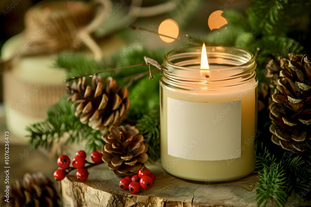 Close-up of a model of a lit decorative scented candle in a jar in the foreground surrounded by pine cones, spruce branches and rowan berries on a wooden stand against a background of bokeh light Close-up of a model of a lit decorative scented candle in a jar in the foreground surrounded by pine cones, spruce branches and rowan berries on a wooden stand against a background of bokeh light