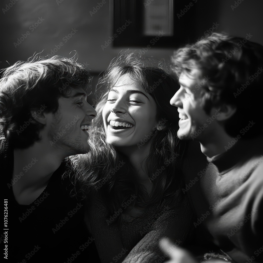 Amused young friends enjoying a moment together, relaxed atmosphere, natural lighting, spontaneous laughter Amused young friends enjoying a moment together, relaxed atmosphere, natural lighting, spontaneous laughter