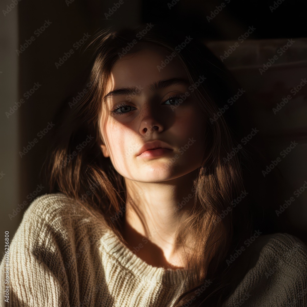 Anxious teenager alone, gentle lighting, subtle expression of worry, isolated and contemplative mood Anxious teenager alone, gentle lighting, subtle expression of worry, isolated and contemplative mood