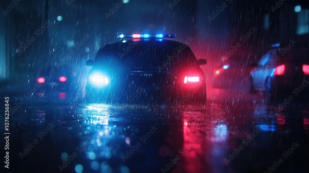 Police Car in Rain with Blue and Red Lights Police Car in Rain with Blue and Red Lights