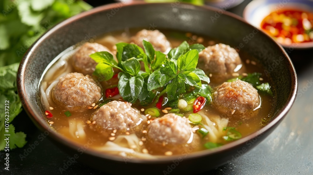 A bowl of delicious meatball soup, topped with fresh greens and pepper. The soup is served on a dark surface, with a colorful sauce dish nearby. A bowl of delicious meatball soup, topped with fresh greens and pepper. The soup is served on a dark surface, with a colorful sauce dish nearby.
