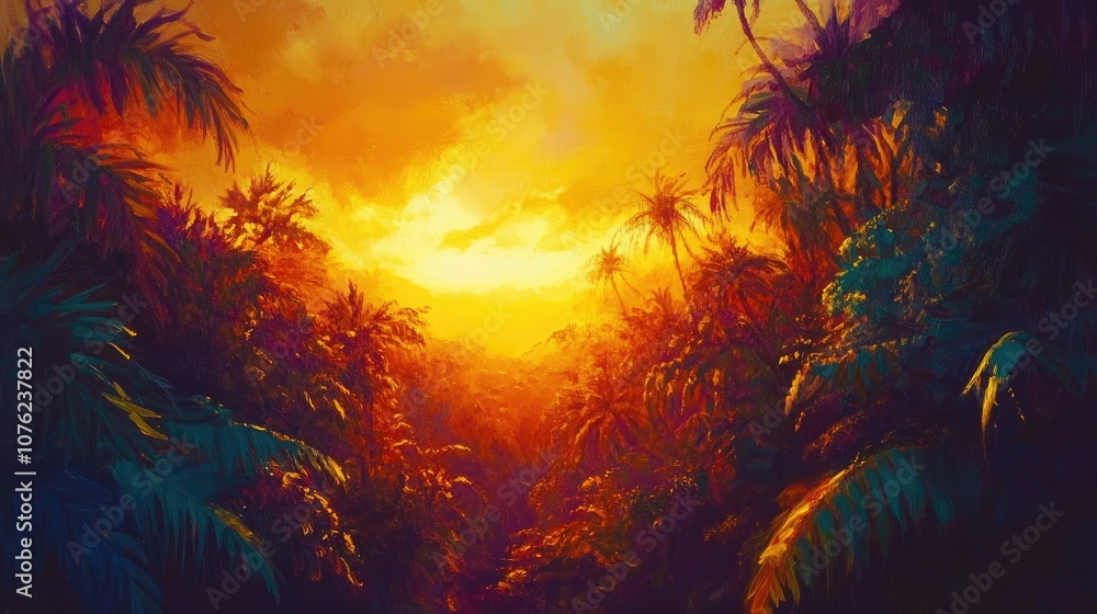 A vivid sunset casting golden light over a lush tropical forest, with vibrant colors reflecting off the dense foliage A vivid sunset casting golden light over a lush tropical forest, with vibrant colors reflecting off the dense foliage