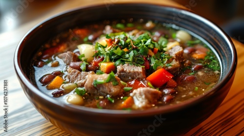 A bowl of hearty soup with chunks of meat, beans, and colorful vegetables.