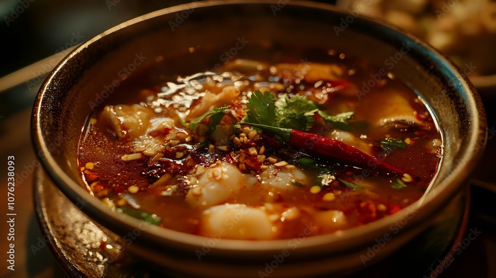 A bowl of spicy Tom Yum soup, topped with seafood and a fiery chili pepper. A bowl of spicy Tom Yum soup, topped with seafood and a fiery chili pepper.