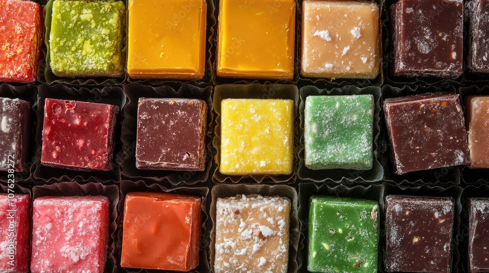 Fototapeta premium Colorful Variety of Candy Squares in a Box