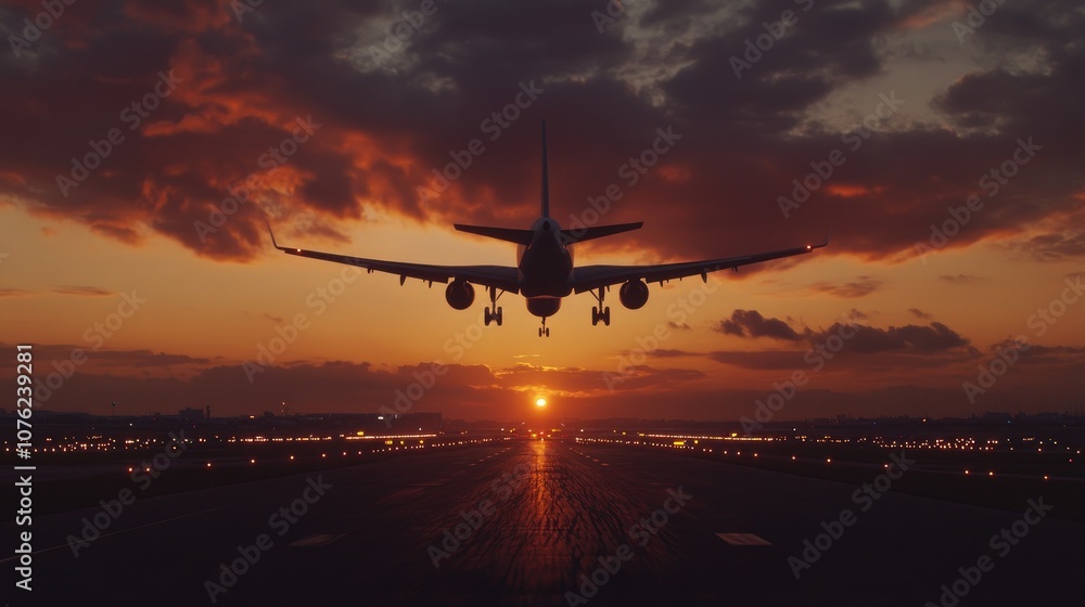 Dramatic shot of a passenger aircraft soaring into the sky at sunset, with the runway lights fading in the background. Dramatic shot of a passenger aircraft soaring into the sky at sunset, with the runway lights fading in the background.
