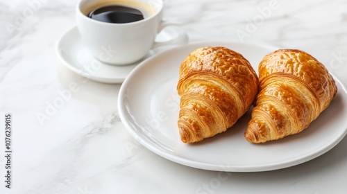 A breakfast with coffee and croissants on a white plate, placed on a clean, minimalist background, ideal for a simple yet elegant breakfast photography