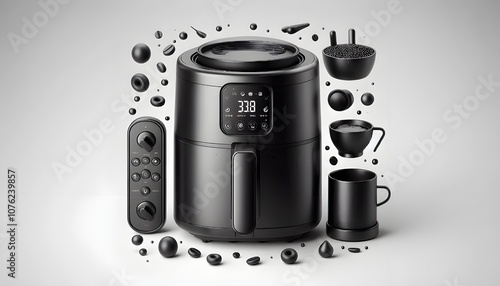 PNG A black minimal air fryer coffeemaker technology appliance.