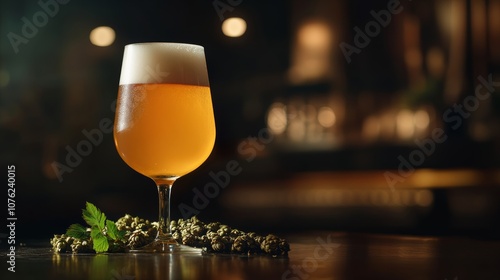 A brewery-inspired beer and hops setup featuring a beer glass on a dark background, perfect for craft beer promotions photo