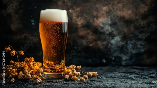 A brewery-inspired beer and hops setup featuring a beer glass on a dark background, perfect for craft beer promotions photo