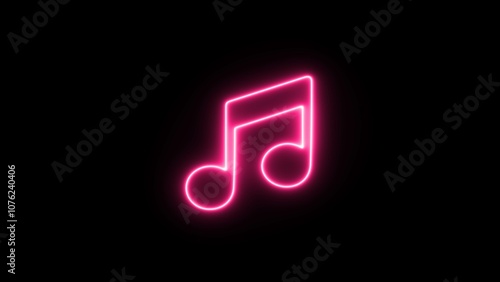 Animation music note neon pink color. Abstract illustration of neon glowing single musical note icon.