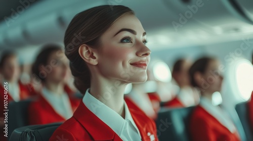 A cabin crew team providing excellent customer service during an international flight, highlighting the professionalism and hospitality of air hostesses photo