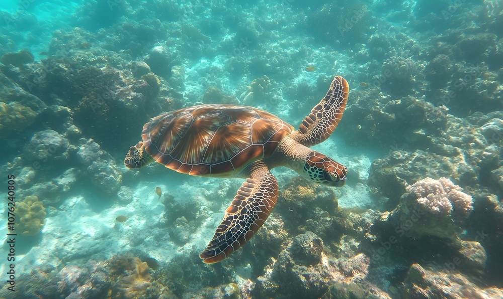 Turtle swimming among coral , Generative AI Turtle swimming among coral , Generative AI