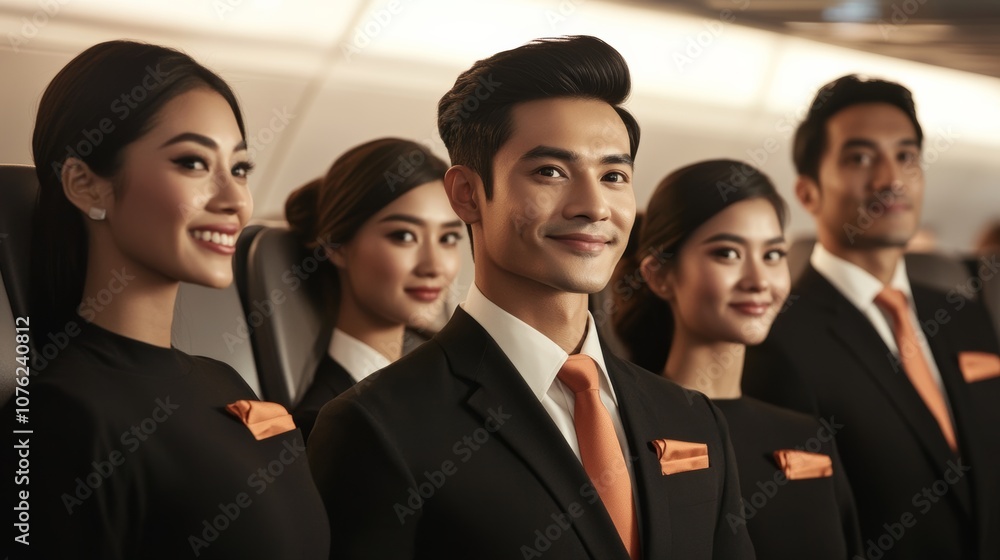 A cabin crew team standing together before boarding a flight, symbolizing teamwork and camaraderie within the airline industry A cabin crew team standing together before boarding a flight, symbolizing teamwork and camaraderie within the airline industry