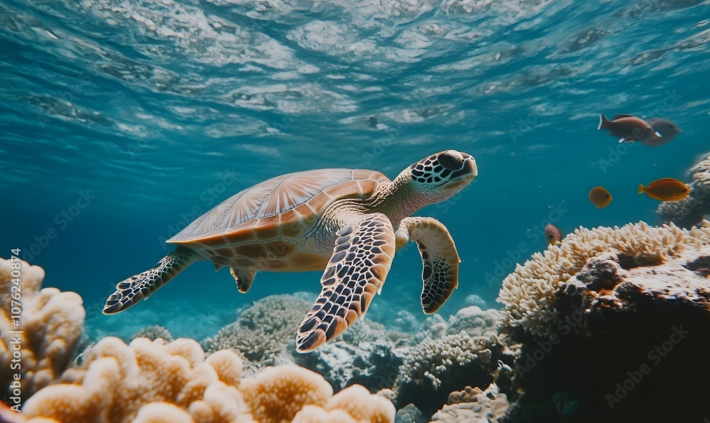 Obraz premium Turtle swimming among coral , Generative AI