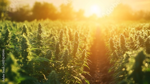 A cannabis farm with rows of marijuana plants under natural sunlight, illustrating the cultivation process of cannabis