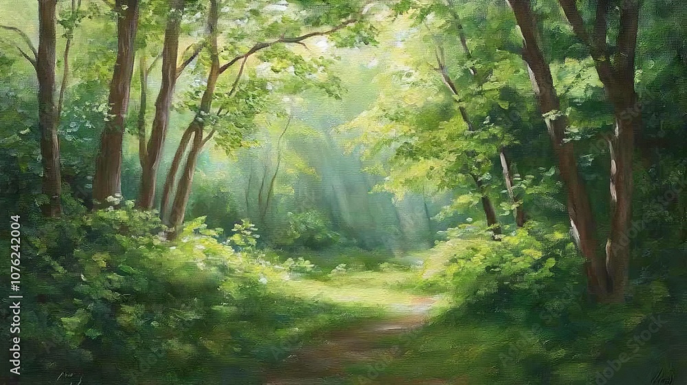 Fototapeta premium a lush forest background painting, rich with greenery and dappled sunlight filtering through the trees, creating a peaceful and inviting natural scene