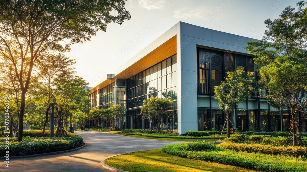 Modern building surrounded by lush greenery at sunset, showcasing architectural design. Modern building surrounded by lush greenery at sunset, showcasing architectural design.