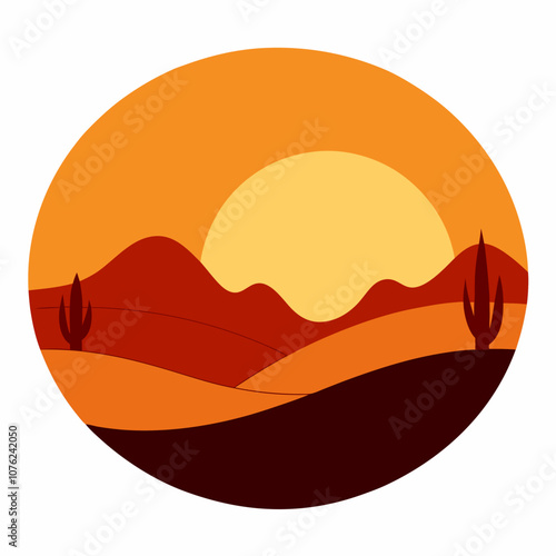 Desert sunset silhouette vector illustration on white background