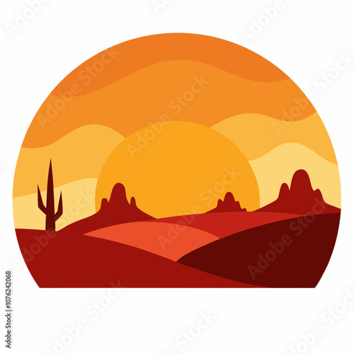 Desert sunset silhouette vector illustration on white background