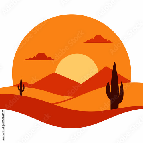 Desert sunset silhouette vector illustration on white background