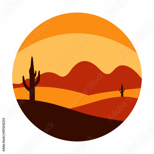 Desert sunset silhouette vector illustration on white background