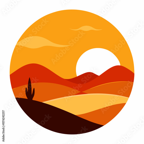 Desert sunset silhouette vector illustration on white background