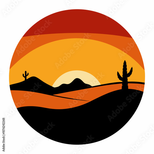 Desert sunset silhouette vector illustration on white background