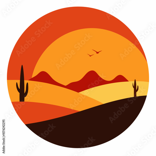 Desert sunset silhouette vector illustration on white background