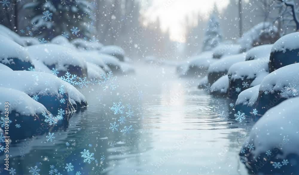 Snowy Forest River with Gently Falling Snowflakes in Winter Scene Snowy Forest River with Gently Falling Snowflakes in Winter Scene