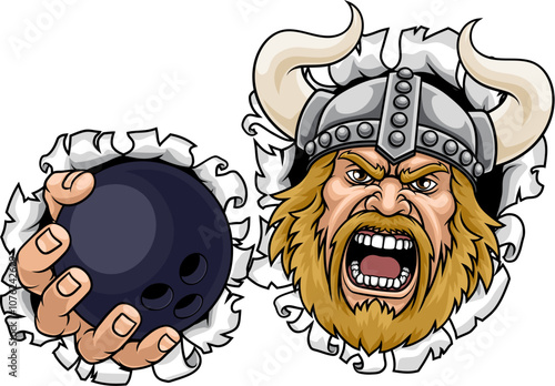 A Viking man holding Bowling ball sports team cartoon charcater mascot illustration.