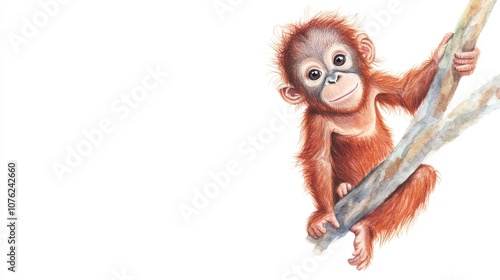 a realistic watercolor illustration of a baby orangutan, perched playfully on a tree branch, rendered in vibrant colors against a clean white background, ideal for children's books or wildlife-themed