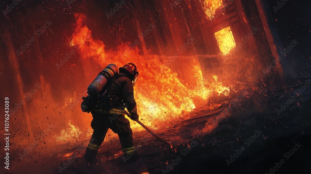 One firefighter are putting out a fire in a building. One firefighter are putting out a fire in a building.