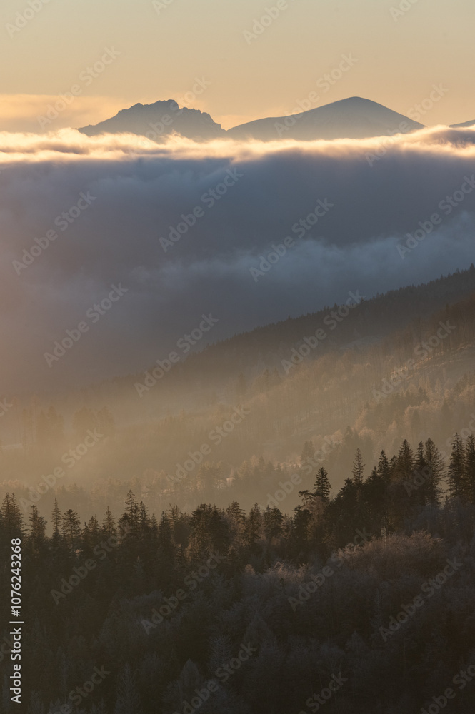 Obraz premium Panorama of mountain peaks above inversion with sunrise and morning frost in Beskydy mountains in the Czech Republic