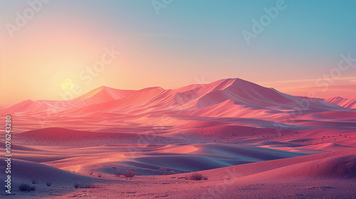 Stunning Sunset Over Majestic Pink Desert Dunes Landscape