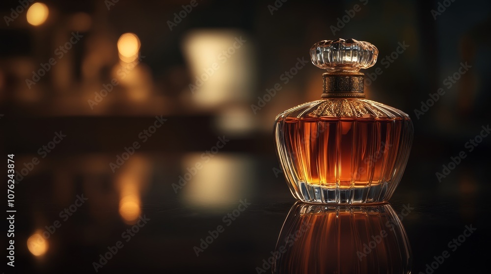 A beautifully crafted perfume bottle reflecting warm amber tones on a polished surface. A beautifully crafted perfume bottle reflecting warm amber tones on a polished surface.