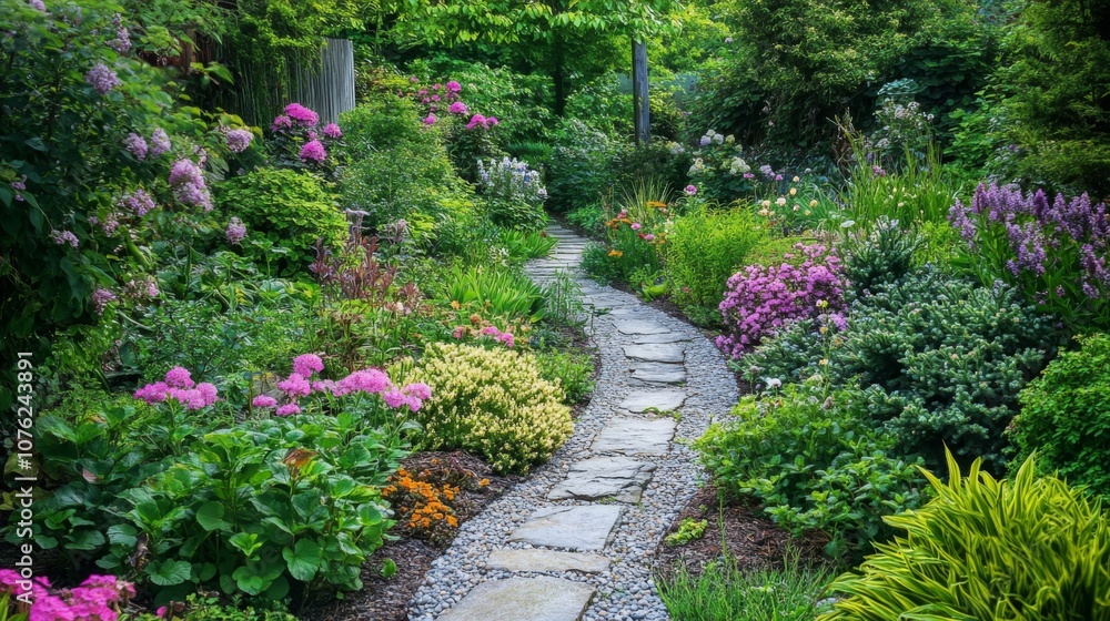 Stone Path Winding Through a Lush Garden with Varied Flowers Stone Path Winding Through a Lush Garden with Varied Flowers