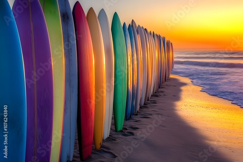 Set of different color surf boards in a stack by ocean Bali Indonesia. Surf boards on sandy beach for rent. Surf lessons on Weligama beach, Sri Lanka. photo