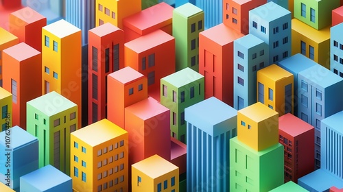 A colorful background made of 3D cubes, like a city made of blocks. The design uses simple shapes and a low-poly style.