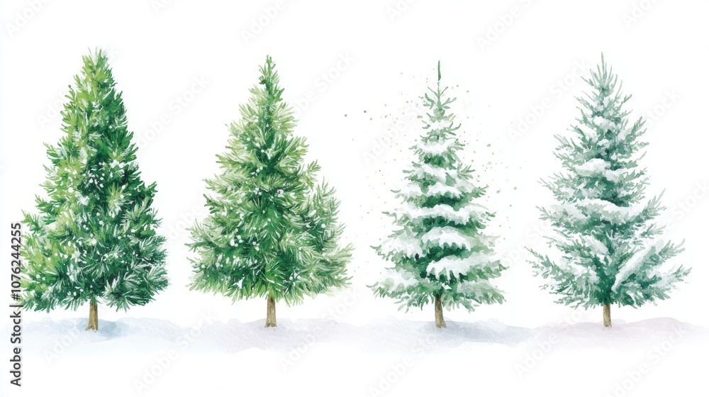 Fototapeta premium a hand-drawn watercolor illustration of green christmas trees, including spruces and holiday trees, capturing the festive spirit and perfect for holiday cards or decorations