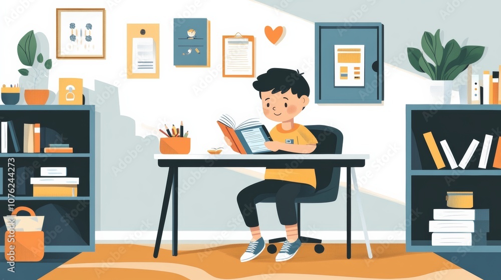 A child-focused study scene with a boy reading a book and a lunchbox on the desk, set in a cozy and organized study room A child-focused study scene with a boy reading a book and a lunchbox on the desk, set in a cozy and organized study room