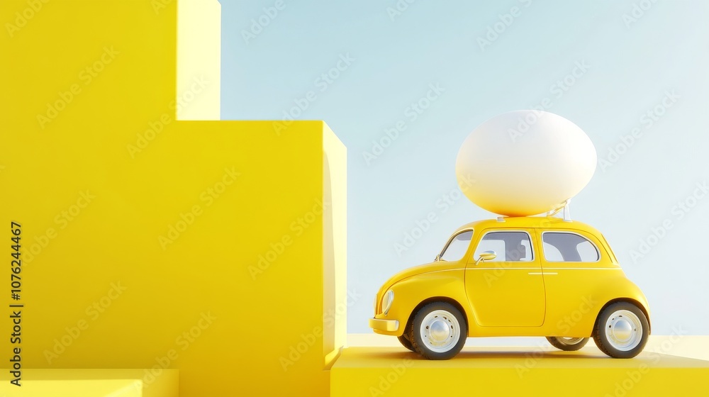 Naklejka premium a whimsical 3d rendering of a bright yellow car with a large egg perched on the roof, capturing the playful spirit of easter, perfect for seasonal promotions or festive backgrounds